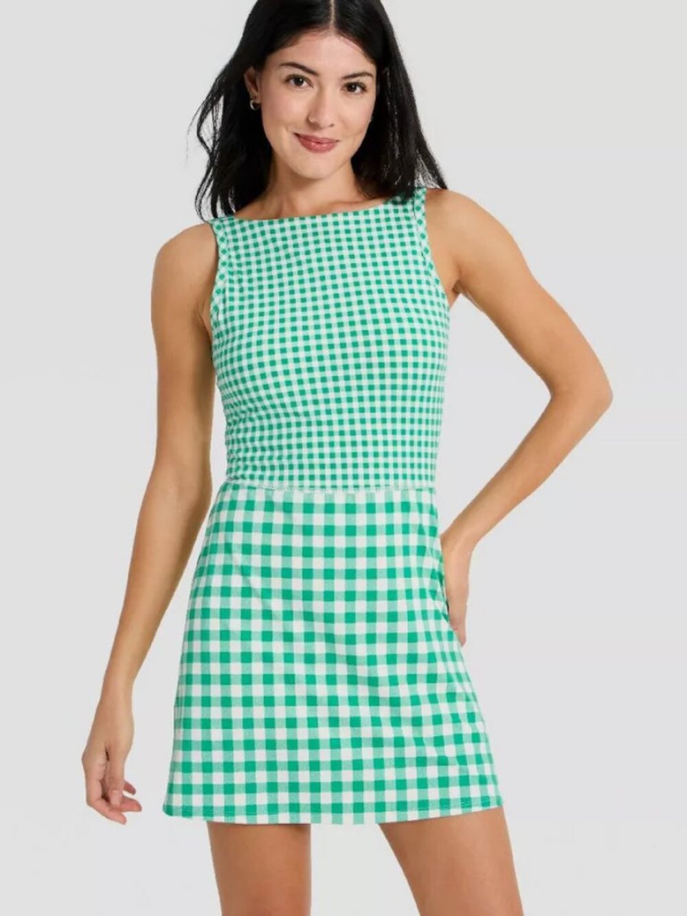 All In Motion Womens Knit High Neck Active Dress Forest Green Gingham XS 17318